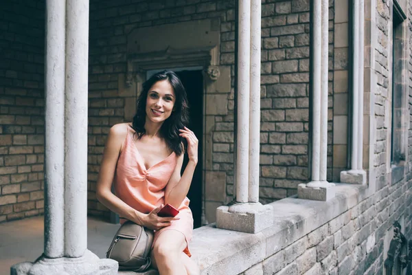 Graceful Woman Siting Stone Wall Old Original Building Mobile Phone — Stock Photo, Image