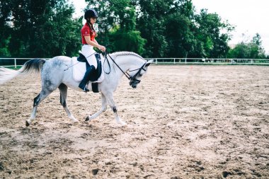 Ata binmek için giyinmiş, beyaz atlı ata binmek için giyinmiş beyaz bir kadın, spor müsabakalarında hobi olarak antrenman yapıyor.