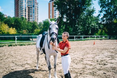 Süvari kıyafetli genç bir kadın güneşli yaz günlerinde çayırlarda heyecan verici bir şekilde beyaz at koşumu takıyor.