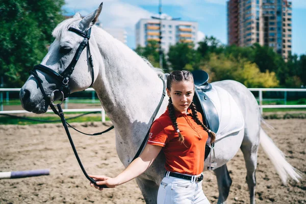 Half Length Portrait Attractive Female Jockey Holding Bridle Posing Summer — Stock Photo, Image