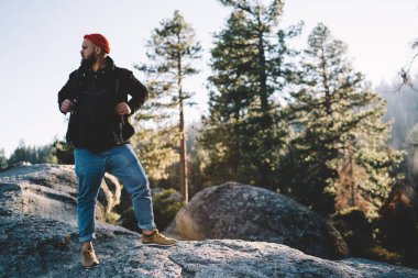 Kot pantolonlu yakışıklı beyaz erkek gezgin, Ulusal Park Ormanı 'nda aktif tatil turu yapıyor, ciddi bir erkek turist ağaçların arasında yürüyor, hafta sonları dağları keşfediyor.