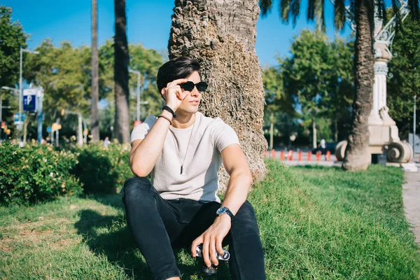 Confident Ethnic Male Wearing Casual Clothes Stylish Sunglasses Sitting Vintage — Stock Photo, Image