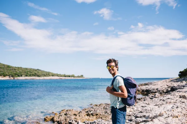 Side View Positive Man Backpack Smiling Looking Camera While Standing — Stock Photo, Image