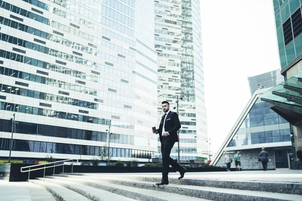 Serious Hurrying Manager Corporate Suit Coffee Walking Downstairs Street Work — Stock Photo, Image