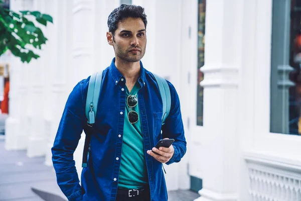 Young Handsome Man Trendy Suit Blue Backpack Holding Smartphone Looking — Stock Photo, Image