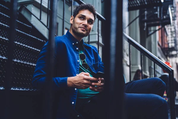 Young Trendy Man Denim Shirt Sitting Street Stairs Mobile Phone — Stock Photo, Image