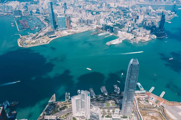Повітряний Краєвид Панорамного Вигляду Дрона Гонконгських Хмарочосів Метрополійною Затокою Сучасний — стокове фото
