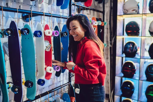 Cheerful Japanese Hipster Girl Trendy Clothing Laughing Rack Store Spending — Stock Photo, Image