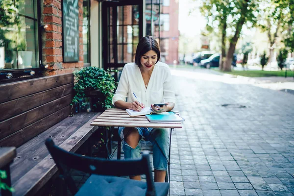 Positive Female Blogger Reading Received Email Follower Connected Wireless Browsing — Stock Photo, Image