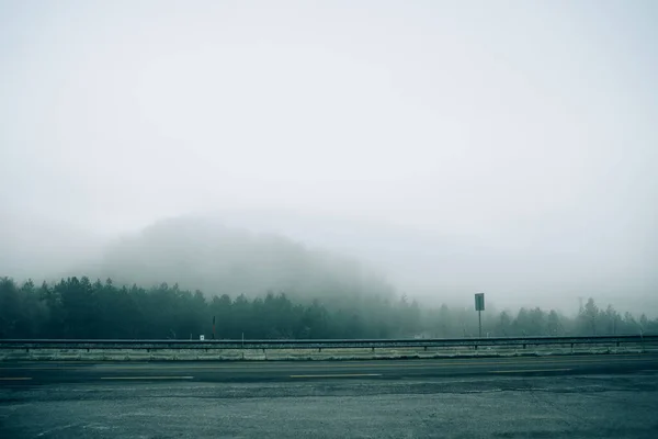 多云的空旷公路 白天阴天 山坡上浓密的森林令人毛骨悚然 能见度低 — 图库照片