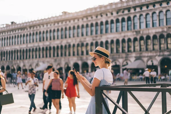 Happy Caucasian Woman Checking Information Smartphone Device Reading Online Travel — Stock Photo, Image