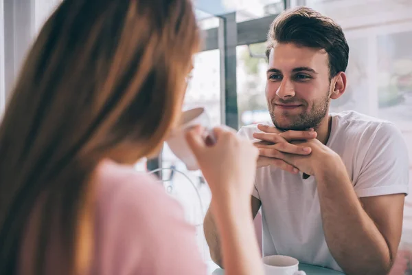 Attentive Pleased Man Clasped Hands Looking Adoration Crop Unrecognizable Brunette — Stock Photo, Image