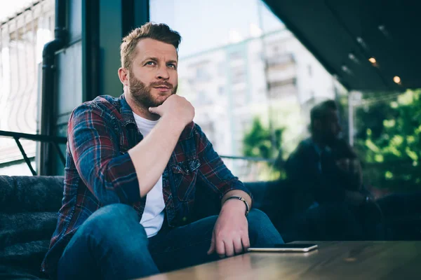Handsome Thoughtful Bearded Male Plaid Shirt Denim Plants Looking Away — Stock Photo, Image