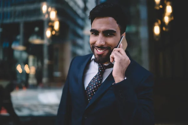 Confident Ethnic Male Entrepreneur Stylish Suit Smiling Looking Camera While — Stock Photo, Image