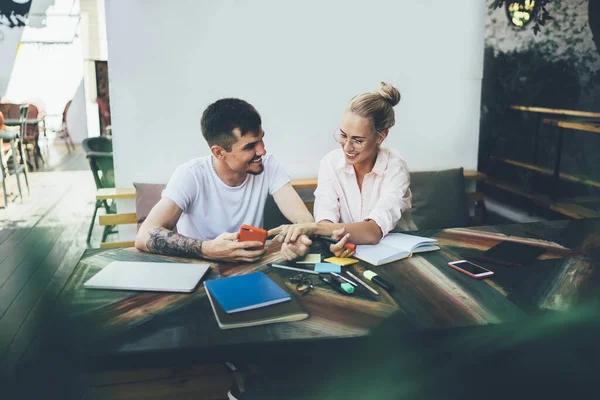 Pleased Male Female Business Owners Casual Clothing Planning Work While — Stock Photo, Image