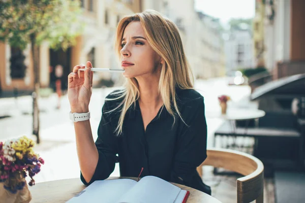 Thoughtful Female Poet Pondering Idea Creating Article Holding Pen Thinking — Stock Photo, Image