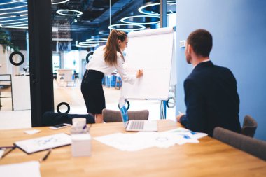 Beyaz kadın akıl hocası, yönetim kurulu brifinginde zeki erkek çalışanlarla bilgi yazıyor. Beyin fırtınası sırasında iş örgütü kurmayı planlayan başarılı iş arkadaşları.