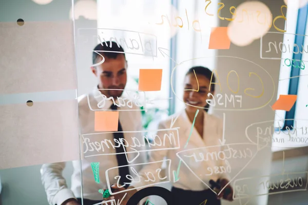 Blurred Male Female Partners Talking While Making Business Presentation Glass — Stock Photo, Image