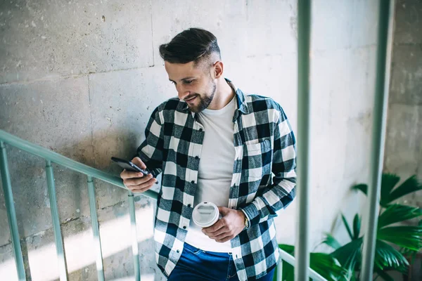 Smiling Handsome Hipster Guy Reading Text Message Mobile Phone Communication — Stock Photo, Image
