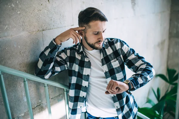 Serious Caucasian Hipster Guy Trendy Wear Standing Modern Interior Space — Stock Photo, Image