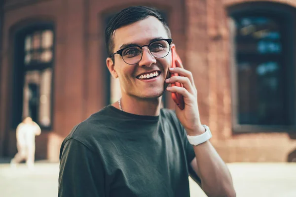 Close Portrait Cheerful Male Teenager Optical Spectacles Provide Eyes Protection — Stock Photo, Image