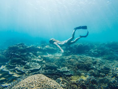 Beyaz bikinili, yüzgeçli ve gözlüklü genç bir kadın mercan resifinin yakınlarında denizin altında yüzüyor.