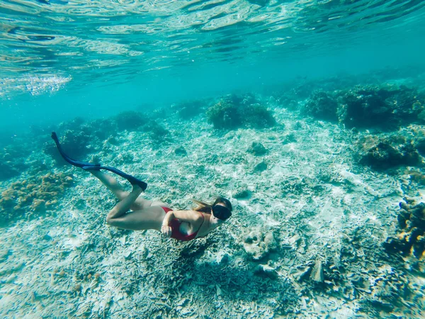 年轻女孩戴着潜水面罩 在清澈的蓝色海水中潜水 身穿红色比基尼的女子在碧绿水晶透明的海水中游泳 热带珊瑚礁在暑假中浮潜 — 图库照片