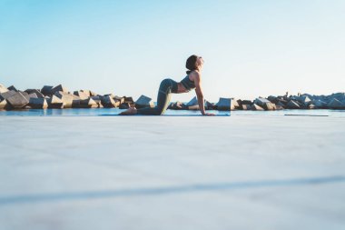 Spor kıyafetleri içinde genç çekici bir kadının, arka planda taşlarla denize yakın bir yerde Cat-Cow pozisyonunda yoga çalışmasının yan görüntüsü.