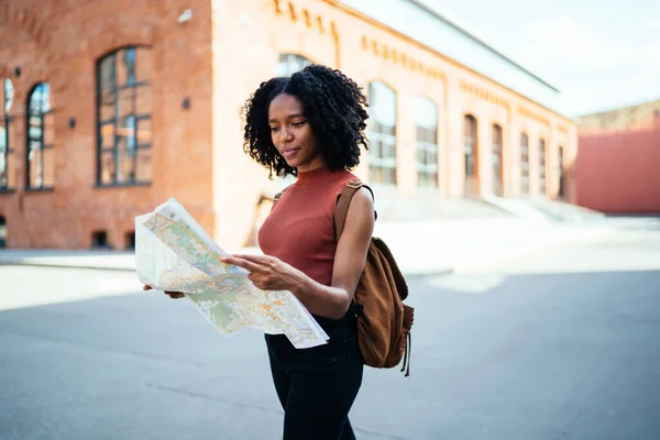 Afro Americano Concentrado Jovem Turista Com Penteado Afro Casual Wear — Fotografia de Stock