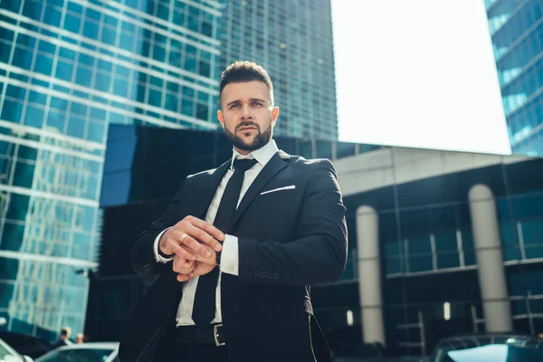 Confident Successful Businessman Waiting Checking Time Wristwatch Standing Front Modern — Stock Photo, Image