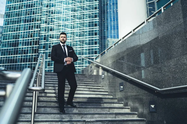 Businessman Black Suit Tie Wrist Watches Strict Suit Descending Stairs — Stock Photo, Image