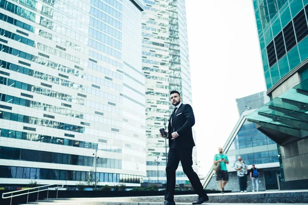 Side View Stylish Confident Serious Businessman Suit Coffee Hurrying Downstairs — Stock Photo, Image