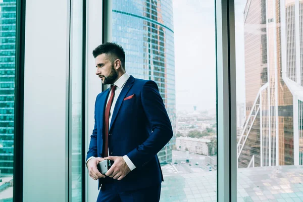 Handsome Pensive Stylish Guy Corporate Suit Mobile Phone Hands Leaning — Stock Photo, Image