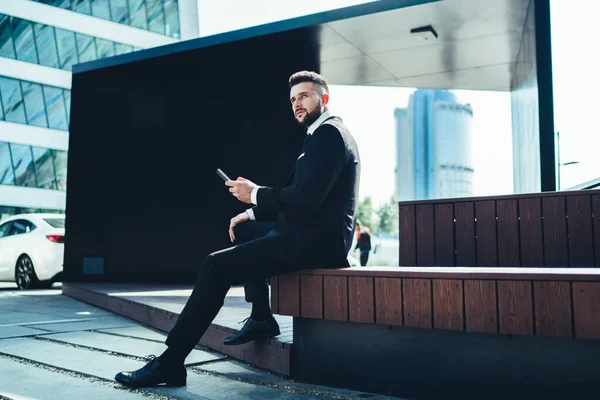 Successful Trendy Man Classy Black Suit Sitting Street Bench Mobile — Stock Photo, Image