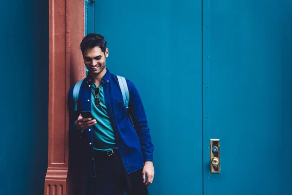 Modern Young Man Denim Shirt Standing Blue Wall Street Laughing — Stock Photo, Image