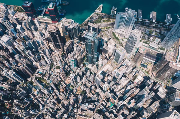 Luchtfoto Panoramisch Uitzicht Vanaf Drone Van Hong Kong Wolkenkrabbers Skyline — Stockfoto