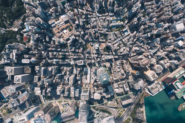 Légi Táj Panorámás Kilátás Drón Hong Kong Felhőkarcolók Skyline Nagyvárosi — Stock Fotó