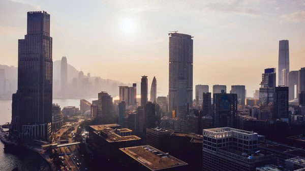 Повітряний Пейзаж Панорамний Вид Район Сучасних Хмарочосів Гонконгу Міський Безпілотний — стокове фото