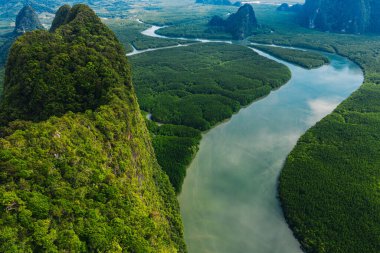 Mangrov ormanlarının, nehir kanallarının ve dağların hava manzarası. Tayland 'daki Ao Phang Nga Körfezi Ulusal Parkı' ndaki tropikal su ormanlarının güzel panoramik doğa manzarası kuşbakışı.