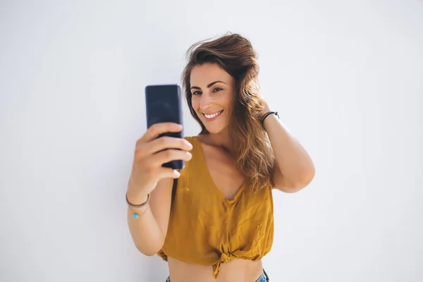 Pleased Young Slim Lady Modern Summer Top Capturing Selfie Photo — Stock Photo, Image