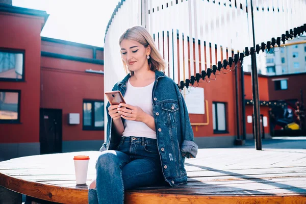 Blonde Cheerful Content Female Denim Jacket White Shirt Cup Coffee — Stock Photo, Image