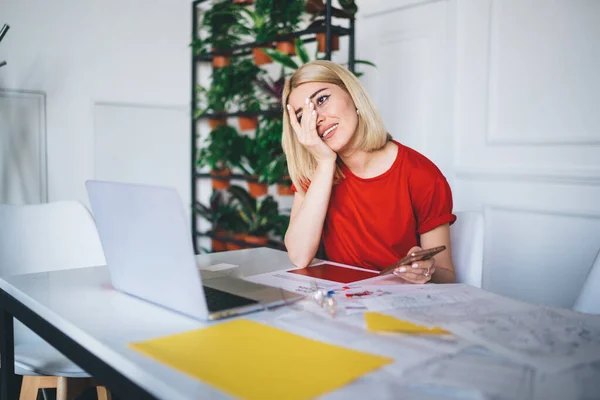 Tired Female Student Stylish Casual Shirt Hand Face Sitting Desk — Stock Photo, Image