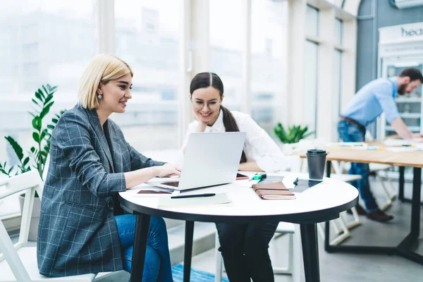 Sonriendo Elegantes Compañeros Trabajo Adultos Que Concentran Pantalla Interactúan Con — Foto de Stock