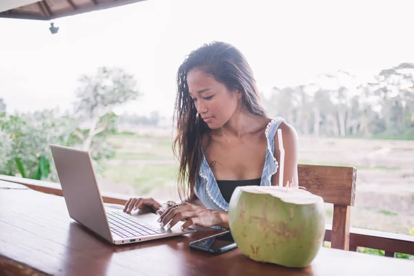 Moderne Aziatische Vrouwelijke Blogger Typen Nieuw Artikel Laptop Terwijl Zitten — Stockfoto
