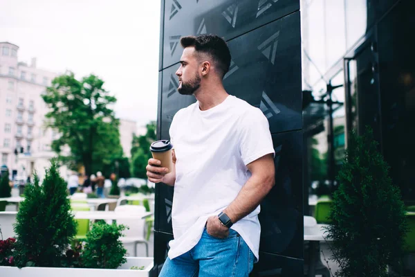 Serious Bearded Male Casual Clothing Holding Disposable Plastic Cup Coffee — Stock Photo, Image