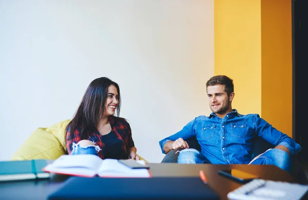 Happy Caucasian Male Female Friends Spend Free Time Together Having — Stock Photo, Image