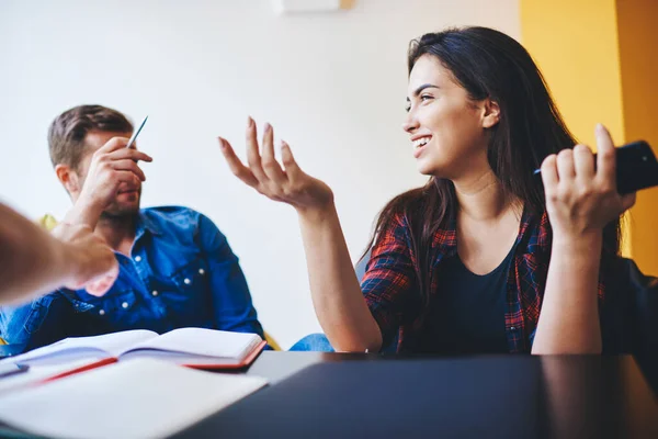 Happy Emotional Caucasian Woman Laughing Male Colleague Jokes Having Fun — Stock Photo, Image