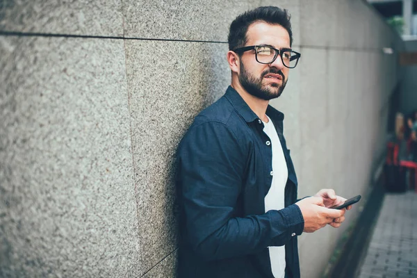 Pensive Caucasian Hipster Guy Recalling Password Enter App Banking Account — Stock Photo, Image