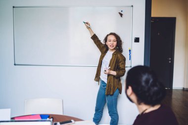 Gündelik giysiler içinde motive olmuş genç bir kadın duvarlara iş bilgileri yazıyor ve ofiste toplantı yaparken iş arkadaşlarıyla konuşuyor.