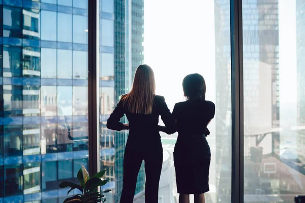 Achteraanzicht Van Vrouwelijke Collega Formele Kleding Die Bij Het Raam — Stockfoto